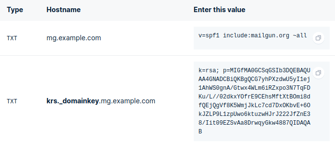 Image of TXT records provided by Mailgun