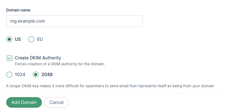 Mailgun "add your domain" form filled out